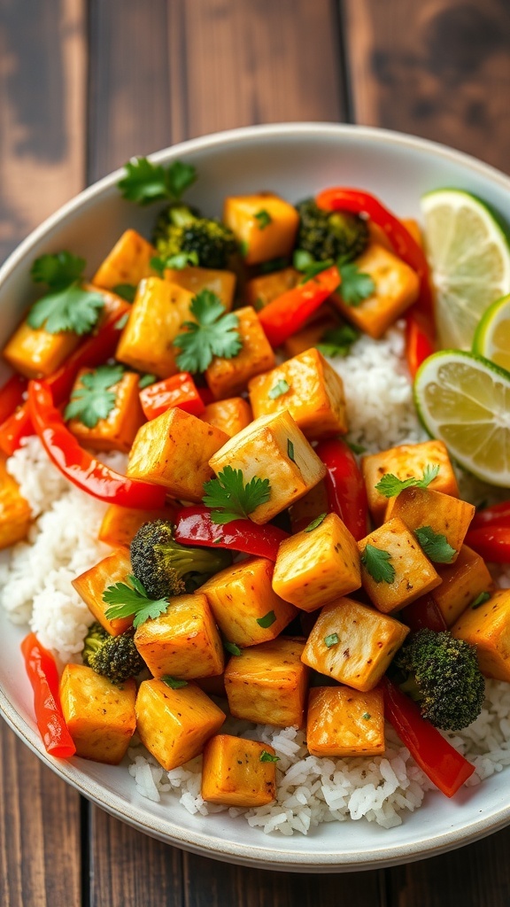 A colorful lemongrass tofu stir-fry with tofu, bell peppers, broccoli, and carrots served over rice, garnished with cilantro.